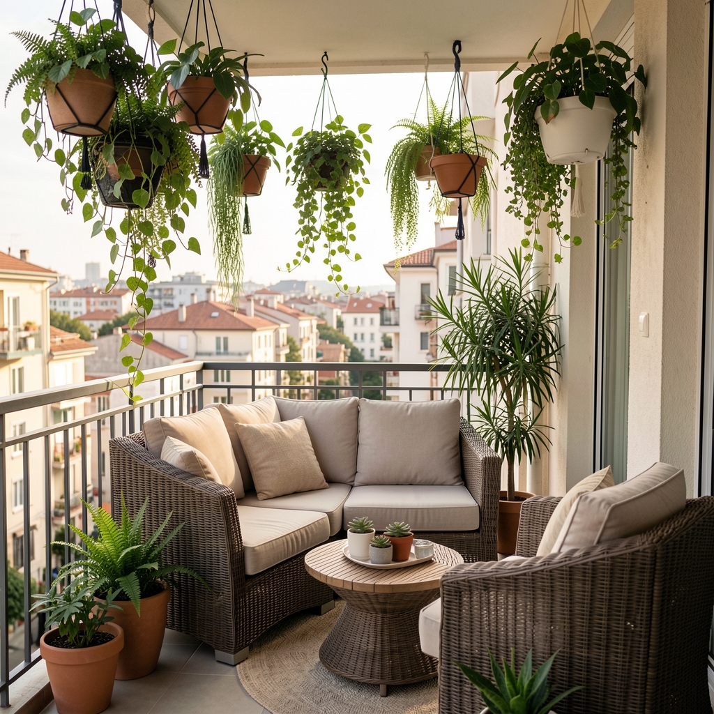 Modern Türk apartmanı balkonunda renkli saksı bitkiler, rattan sandalye ve küçük bahçe masasıyla düzenlenmiş şık yaşam alanı