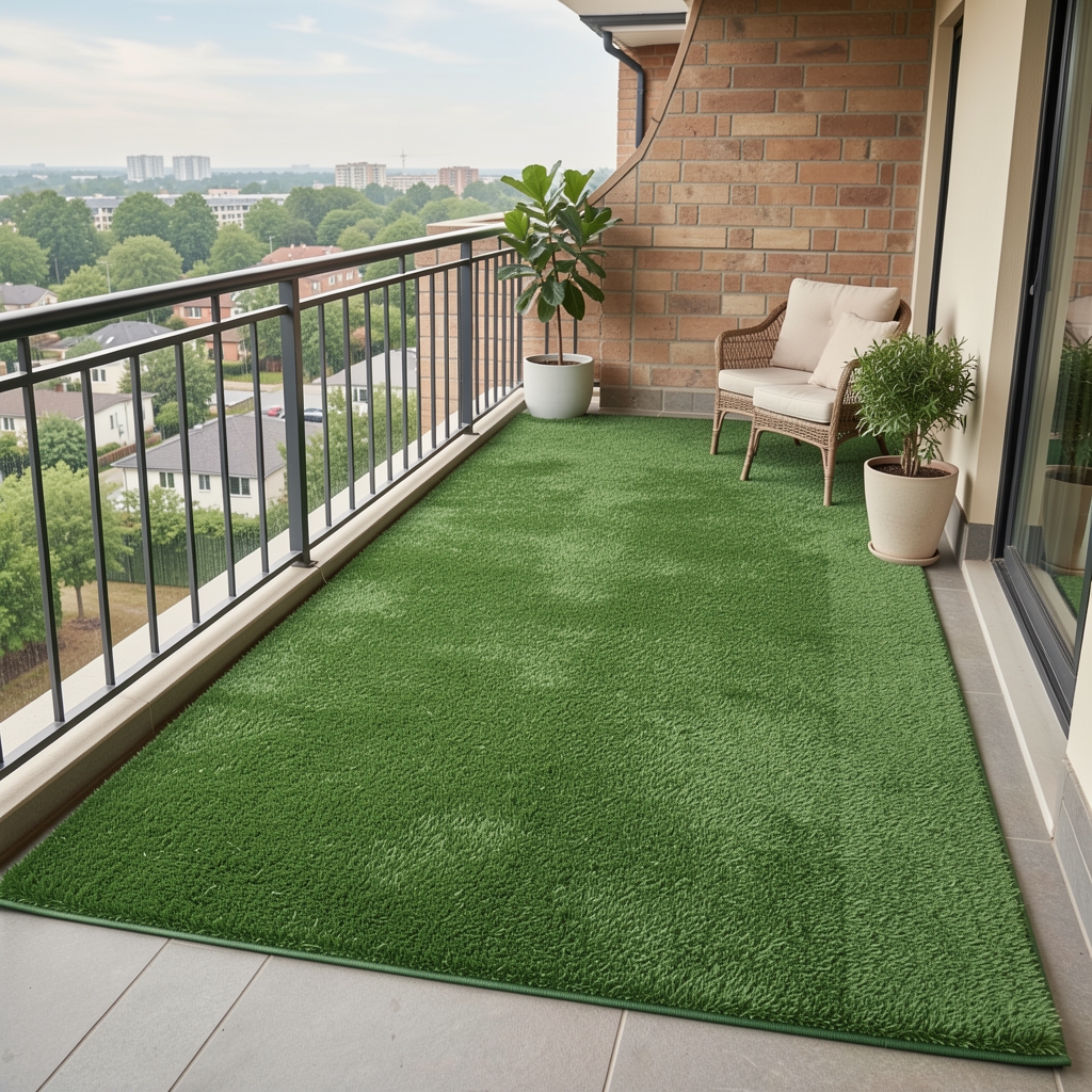Teras ve balkon için dış mekan halısı, yeşil çim desenli, 150x200 cm, UV ve yağmur dayanımlı, kolay temizlenebilir polipropilen