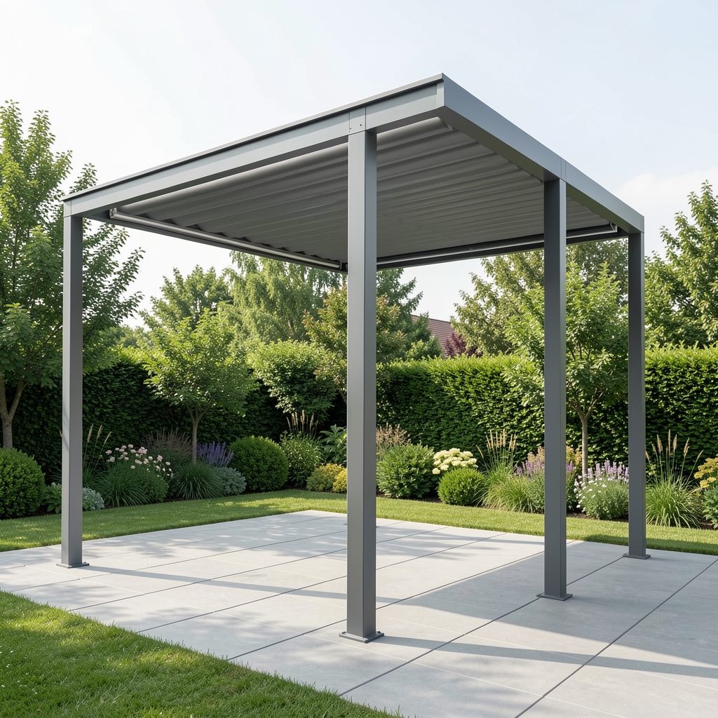Modern alüminyum pergola sistemi, 4x3 metre, ayarlanabilir lam kanatları, yağmur suyu kanalı, teras ve bahçe için gri renk