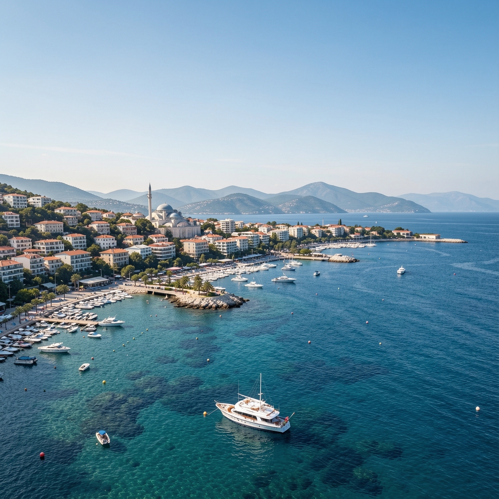 Antalya'daki modern villa bahçesi, simetrik bitki dizilimi, taş döşeme yollar ve çeşmeli peyzaj düzenlemesi
