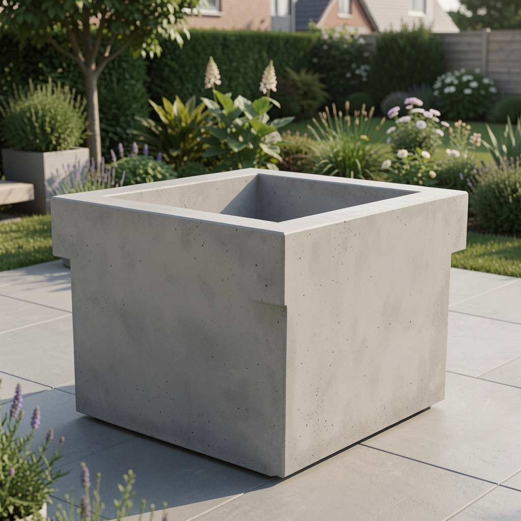 Modern gri beton saksı, geometrik kare form, büyük boy 50x50 cm, teras ve bahçe için sağlam tasarım
