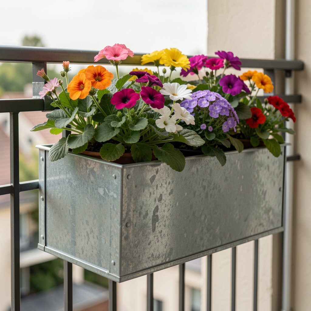 Galvanize metal dikdörtgen balkon saksı, 80x20 cm, pas korumalı, balkon korkuluğuna monte edilebilir, dış mekan çiçekler için