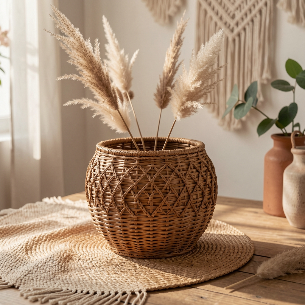 Hasır örgü rattan saksı kılıfı, doğal kahverengi, 18 cm çaplı saksıya uyumlu, bohem tarzı iç mekan dekorasyonu
