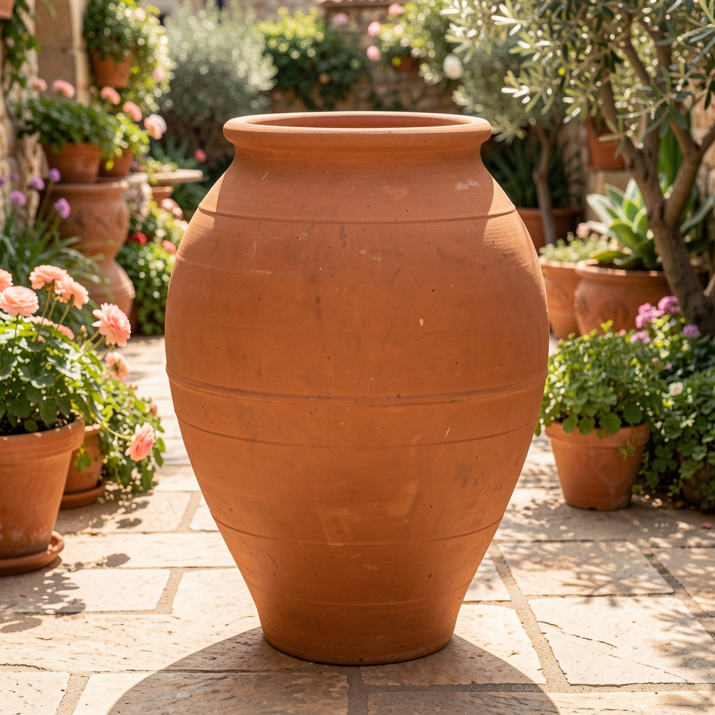 Büyük terracotta saksı, pişmiş toprak, dış mekan bahçe kullanımı için, 40 cm çap, geleneksel Akdeniz tarzı